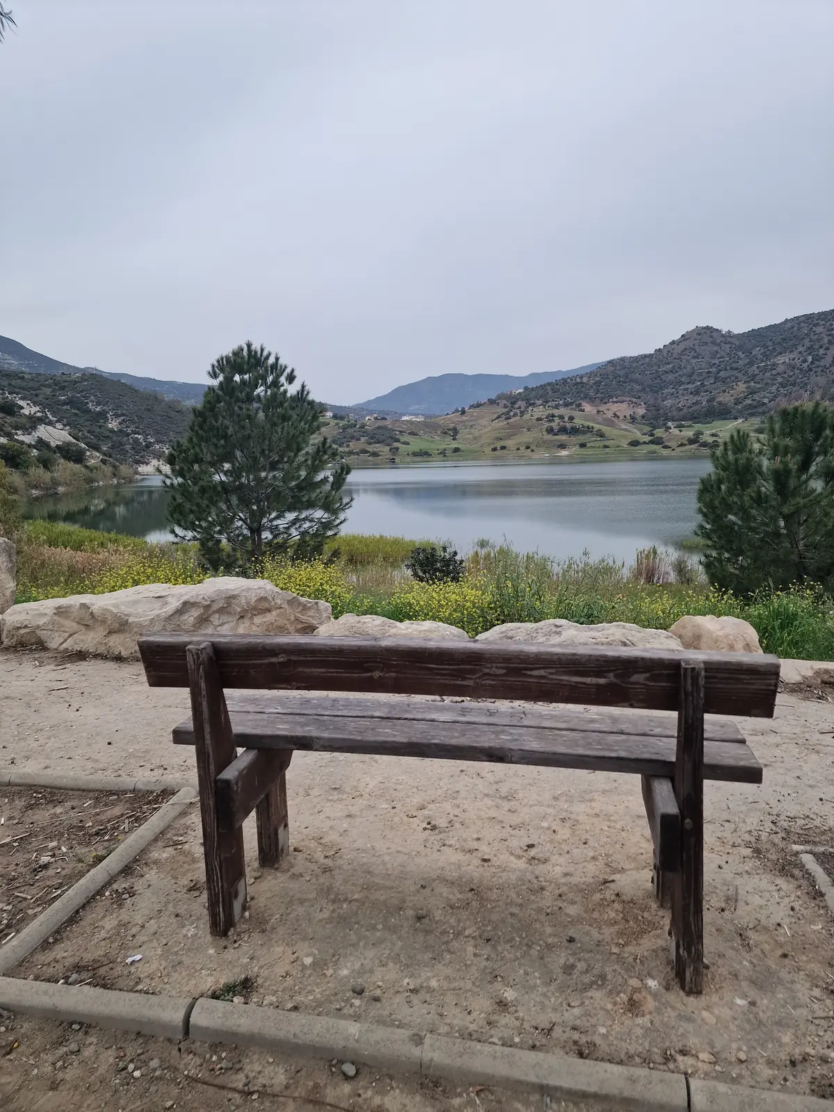 A bench at the picnic site looking out over the reservoir